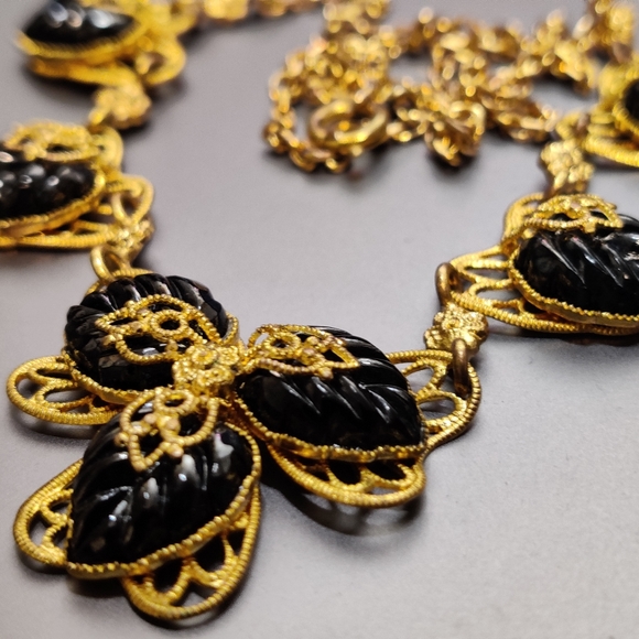 Signed Germany Filigree Hearts Black Molded Glass Necklace - Picture 2 of 15